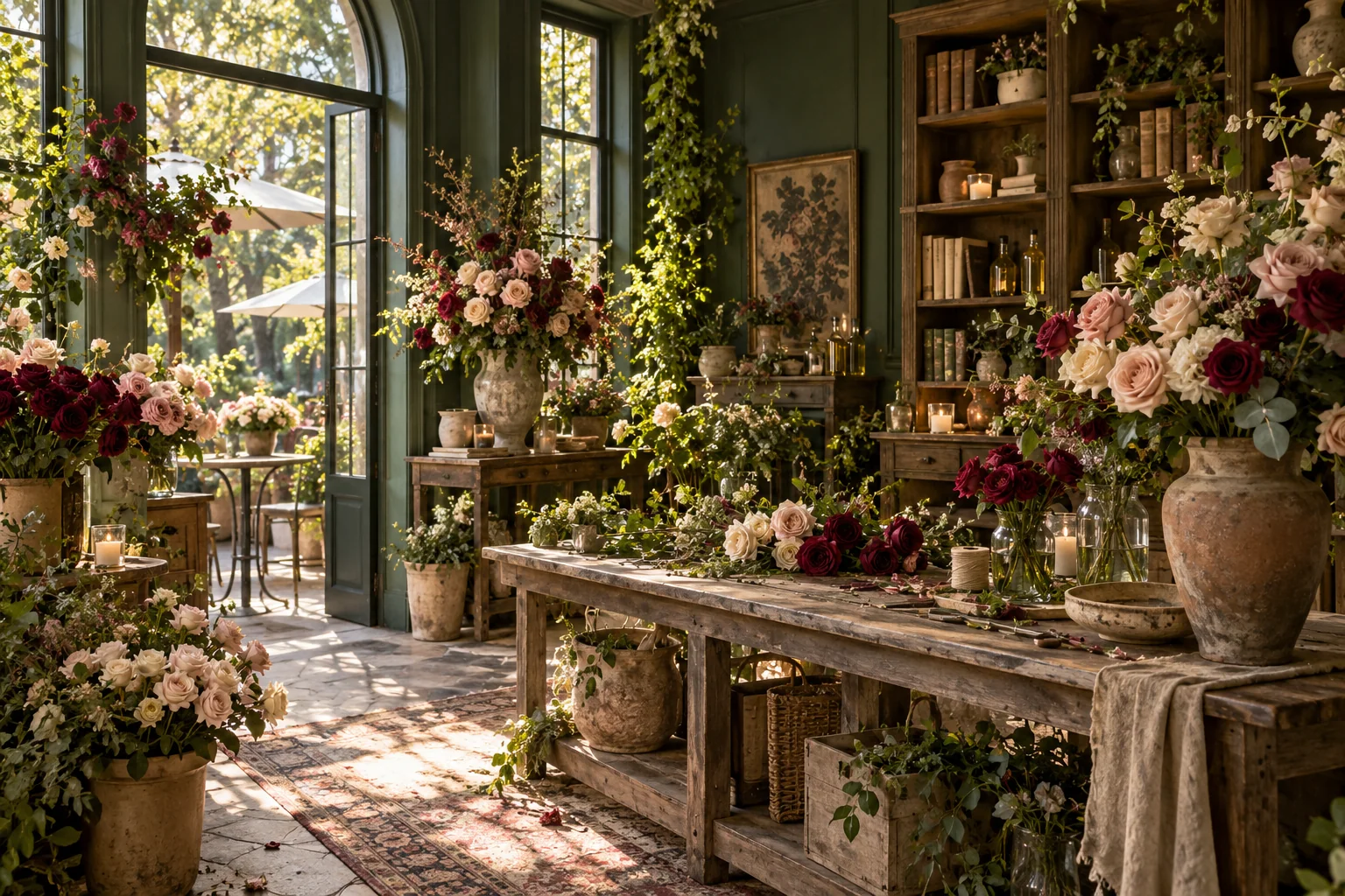 Roses and greenery fill the imagined indoor flower room
